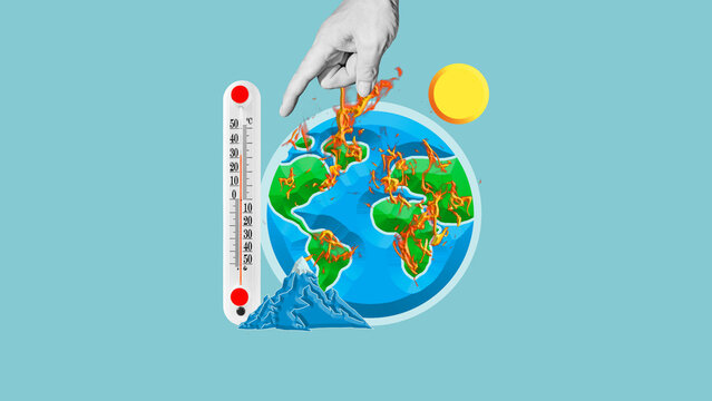 Climate change and global warming with temperature increasing is shown with the Globe of the Earth and thermometer