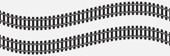 Set of railroad segments. Rail road elements top view. Train track straight and waved lines, circle and oval frames isolated on white background. Fence or stairs texture. Vector graphic illustration