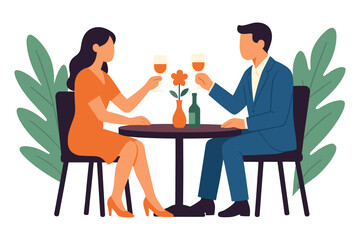 Man and woman sitting at restaurant table enjoying dinner and drinks together, flat vector illustration