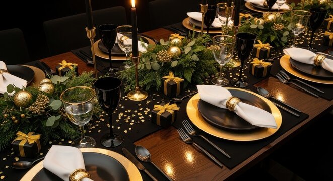 Elegant christmas table setting with black and gold decor for festive dining