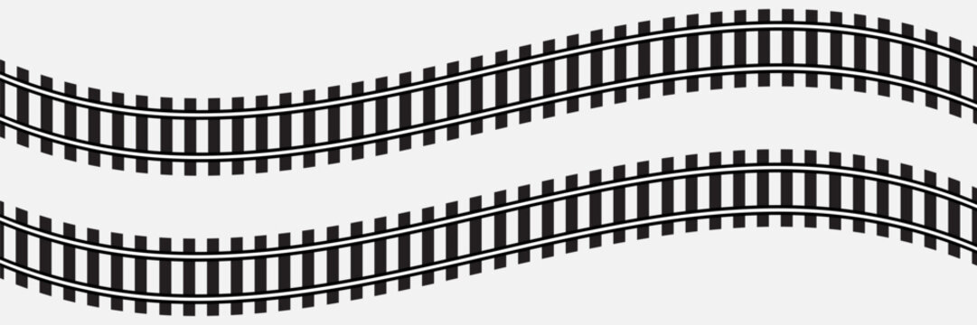 Set of railroad segments. Rail road elements top view. Train track straight and waved lines, circle and oval frames isolated on white background. Fence or stairs texture. Vector graphic illustration