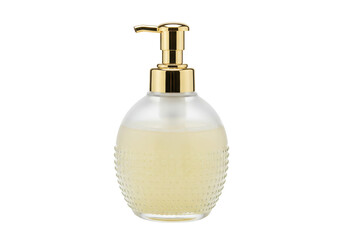 Isolated refillable soap dispenser bottle with golden pump head containing yellow lotion