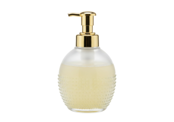 Isolated refillable soap dispenser bottle with golden pump head containing yellow lotion