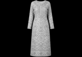 Elegant silver embroidered gown with intricate pattern details