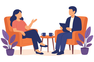 Man and woman sitting on chairs having conversation with coffee cups on table, flat vector illustration