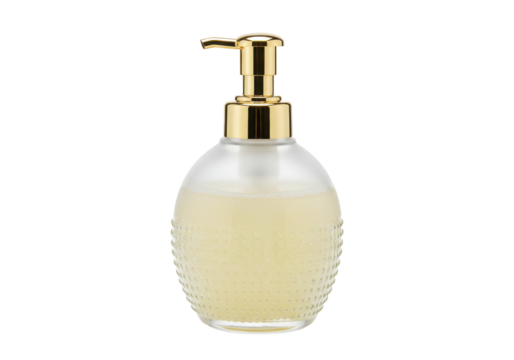 Isolated refillable soap dispenser bottle with golden pump head containing yellow lotion