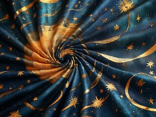 Cosmic swirl of celestial patterns, blending starry motifs with golden sun