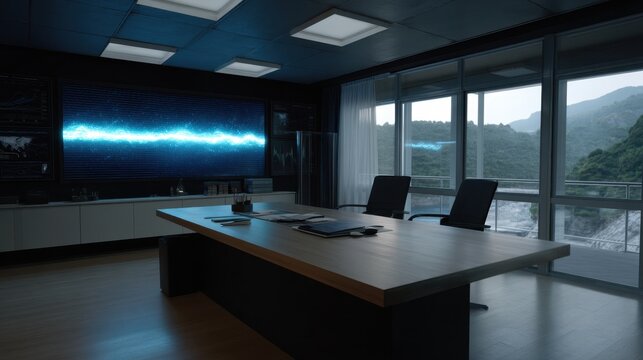 Futuristic Office with Holographic Wave Display in a Darkened Environment