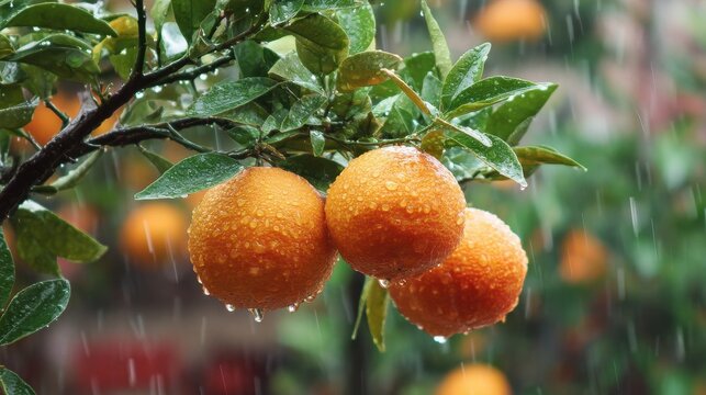 fruit laden orange tree drenched in rain - Powered by Adobe