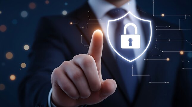 Cyber security concept businessman touching lock icon on virtual screen data protection privacy network