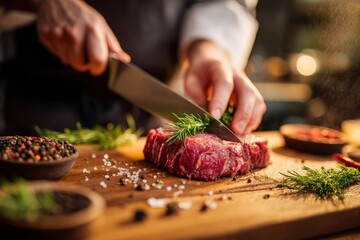 Chef preparing steak with rosemary, slicing raw beef on a wooden cutting board, showcasing culinary skills and food preparation in a professional kitchen setting.