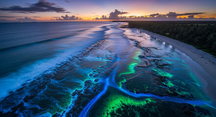 Bioluminescent waves illuminate a tropical beach at sunset with vibrant blue and green glowing plankton creating natural light patterns