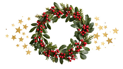 Circular evergreen wreath with red berries and golden stars isolated on white background