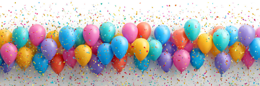 Cover with colored balloons, garlands and confetti on the white. celebration background template