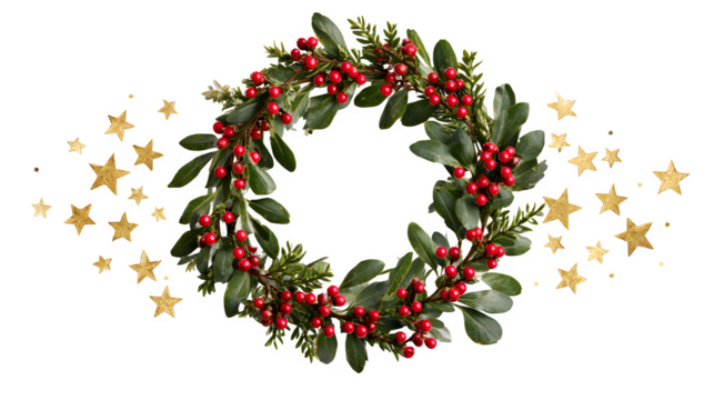 Circular evergreen wreath with red berries and golden stars isolated on white background