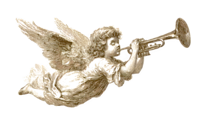 Angel playing trumpet vintage Christmas illustration isolated on white background