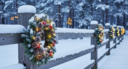 Christmas wreath adorns snowcovered wooden fence in a serene winter landscape