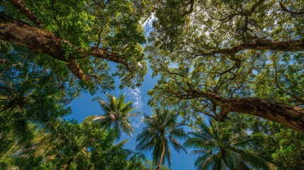 Fototapeta premium Lush jungle trees against a bright blue sky Serene nature image Vertical wide angle Suitable for editorial travel or environmental content