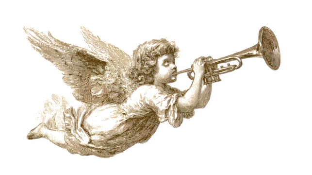 Angel playing trumpet vintage Christmas illustration isolated on white background
