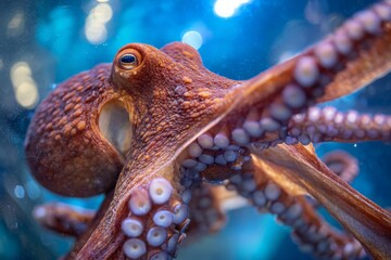 A captivating close-up of an octopus with intricate details and textures, submerged in clear blue water, creating a sense of wonder and marine life exploration.