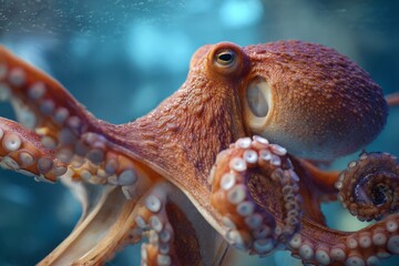 Close-up shot of an octopus in an aquarium with its tentacles clearly visible, a captivating underwater creature with a mesmerizing appearance and texture in a dark environment.