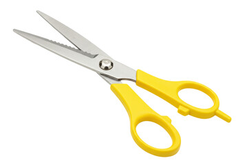 Isolated serrated scissors with yellow plastic handles, open and ready for crafts