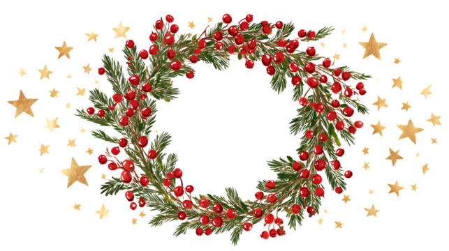 Circular evergreen wreath with red berries and golden stars isolated on white background