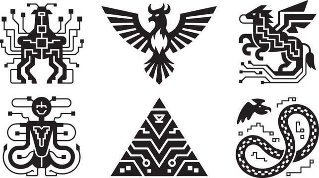 Aztec futuristic shapes with eagle griffin and snake in technological style art