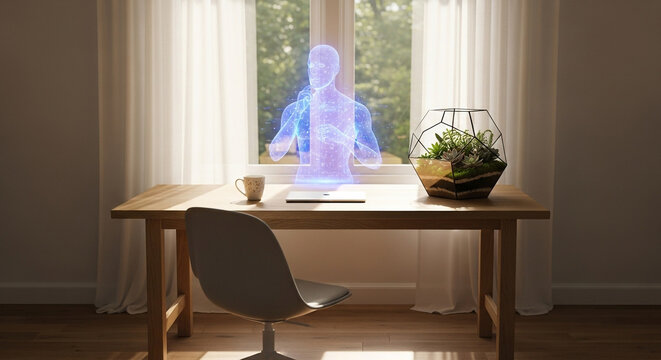 A glowing blue ethereal figure meditating in front of a sunlit window above a wooden desk with a plant and coffee cup