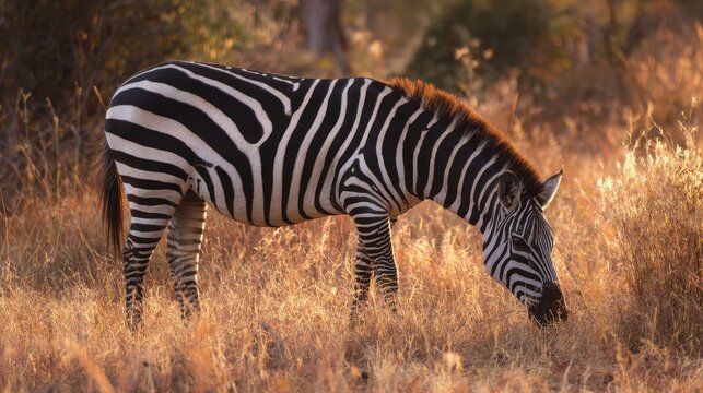 A zebra feeding on brown grass in warm light its distinctive stripes standing out against the savannah