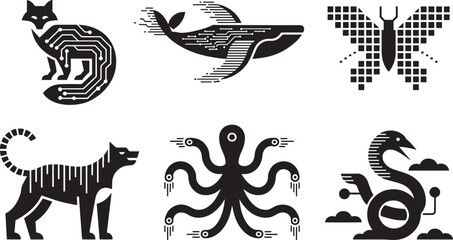 Circuit animals illustration including fox whale butterfly octopus and sea serpent
