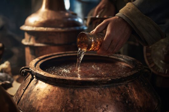 A skilled craftsman carefully pouring freshly distilled moonshine from a copper pot still into a glass, during the traditional spirits-making process.