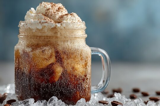 Refreshing iced coffee with whipped cream and cocoa powder in a mason jar with ice