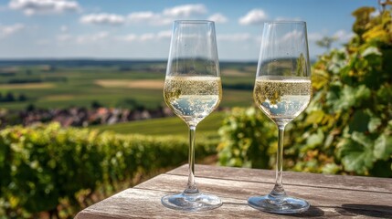 Naklejka premium Sampling premium sparkling brut champagne in the sunlit vineyards of Cote des Blancs near Cramant and Avize France outdoors