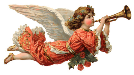 Angel playing trumpet vintage Christmas illustration isolated on white background