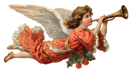 Angel playing trumpet vintage Christmas illustration isolated on white background