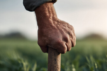 Weathered hand grips a worn wooden handle, signifying labor, resilience, and connection to the earth. Ideal for themes of farming, heritage, hard work, and nature.
