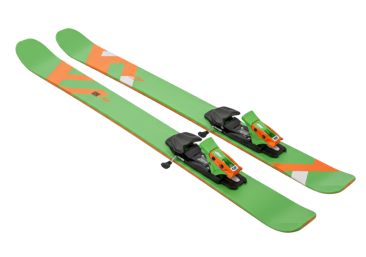 Isolated pair of skis with alpine bindings set for downhill skiing in winter conditions