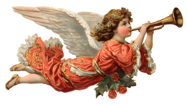 Angel playing trumpet vintage Christmas illustration isolated on white background - Powered by Adobe