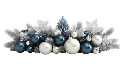 3D-rendered Christmas decoration arrangement with ornaments and fir leaves isolated on white background