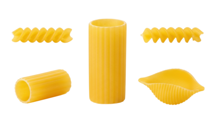 Isolated pasta variety featuring rigatoni, conchiglie, and fusilli for culinary applications