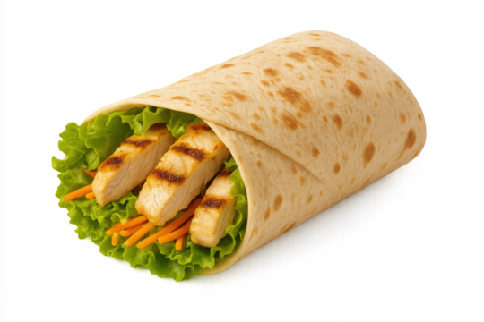 Grilled chicken wraps with fresh lettuce and shredded carrots, a healthy balanced meal for lunch or dinner on transparent background