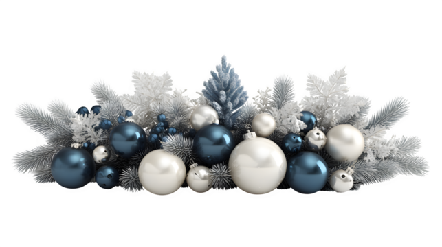 3D-rendered Christmas decoration arrangement with ornaments and fir leaves isolated on white background