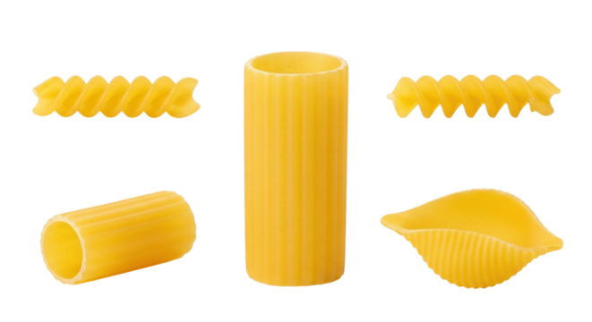 Isolated pasta variety featuring rigatoni, conchiglie, and fusilli for culinary applications