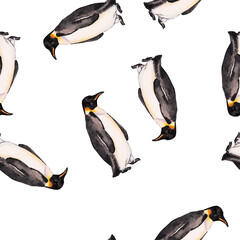 Emperor penguin. Seamless watercolor pattern with emperor penguins isolated on white. Realistic design with penguin for children illustration, backgrounds, packaging, decoration, banner