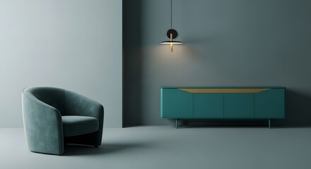 Modern teal armchair and teal sideboard with gold accents in a minimalist room with soft lighting