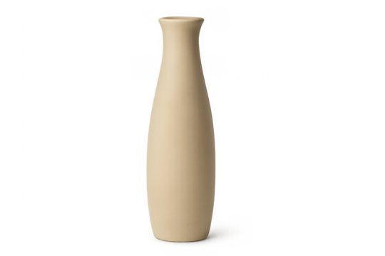 Ceramic beige vase with long neck on transparent background