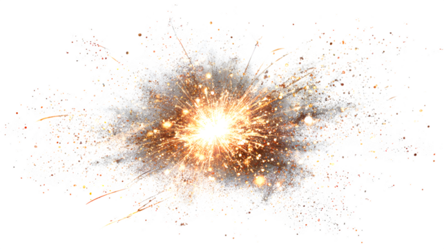 Bright firework explosion pattern with glowing trails and sparkles isolated on white background