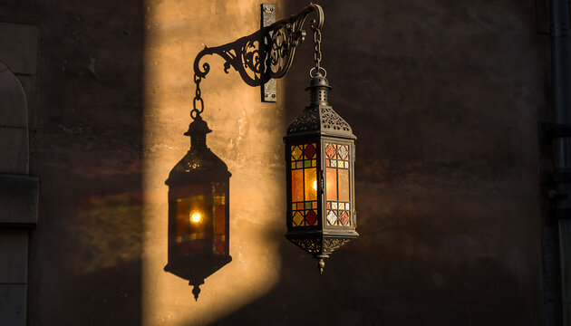 Ornate antique lanterns illuminated by warm sunlight on a textured wall