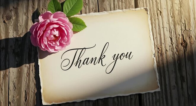 Thank you card with pink rose and green leaves on rustic wooden background in sunlight view